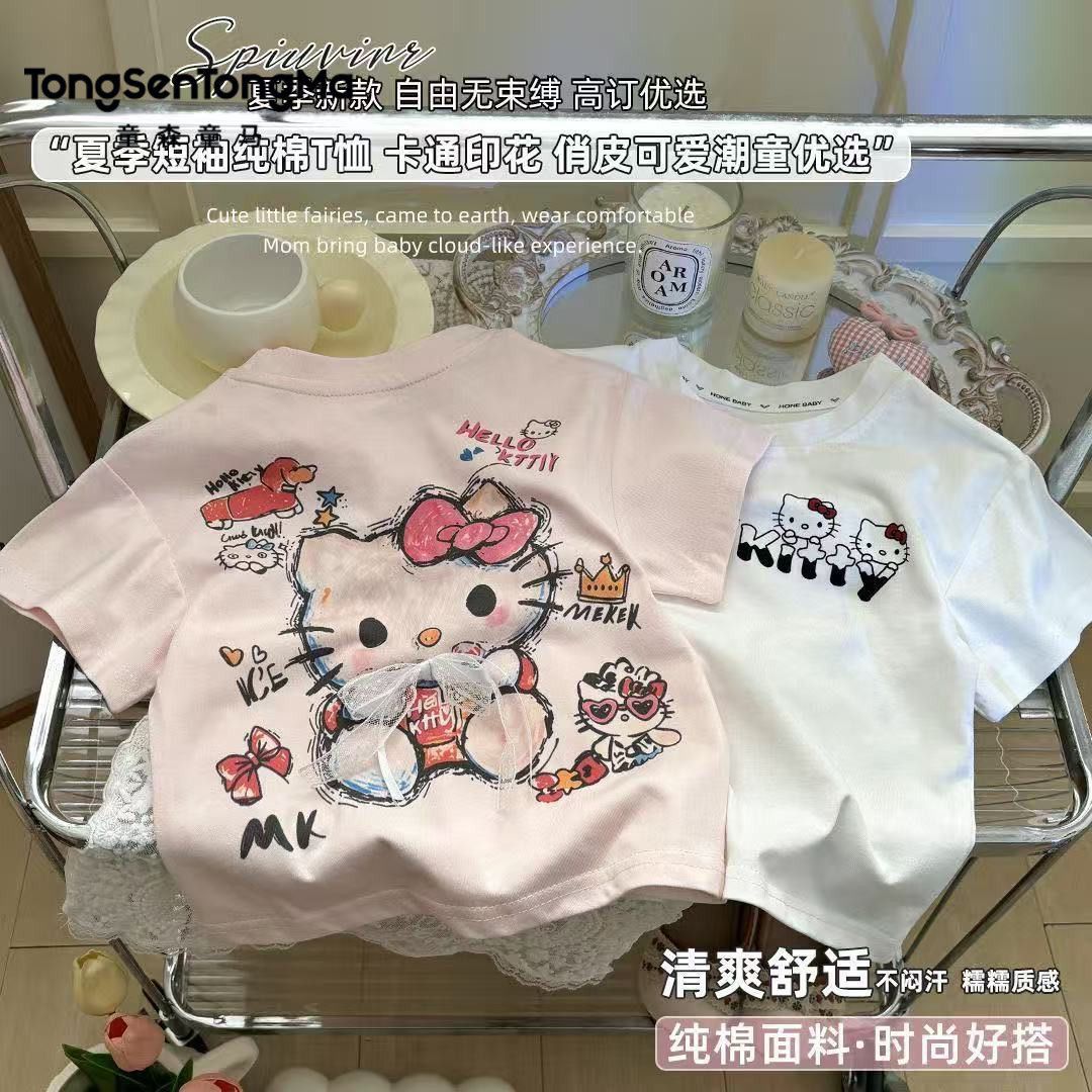 Girls' pure cotton short-sleeved T-shirt, 2026 summer new style, children's cartoon print top, casual Korean style for medium and large children.