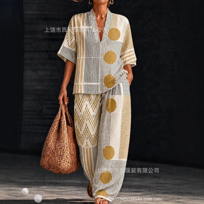 Cross-Border Women's Suit with Half Sleeves, V-Neck, Floral Print, Vacation Fashion, Streetwear, Casual Daily Outdoor Wear