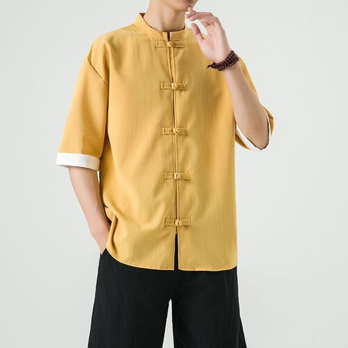 Summer Chinese-style menswear linen buttoned short-sleeve shirt mens five-sleeve Tang suit ancient style cotton linen Hanfu Zhongshan suit