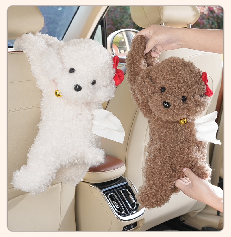 Car Tissue Box Cartoon Cute Teddy Dog Hanging Car Seat Back Tissue Bag Creative Car Interior Decoration Tissue Box