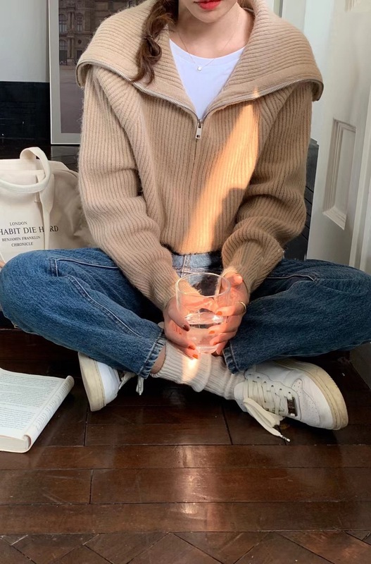 毛衣外套女开衫秋季新款韩系大翻领拉链纯色慵懒软糯宽松版针织衫|undefined