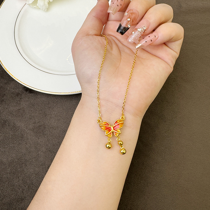Antiguo collar de oro de arena vietnamita, esmalte de colores, pendientes de mariposa con flecos, lujo ligero, joyería de alta calidad que no se desvanece durante mucho tiempo