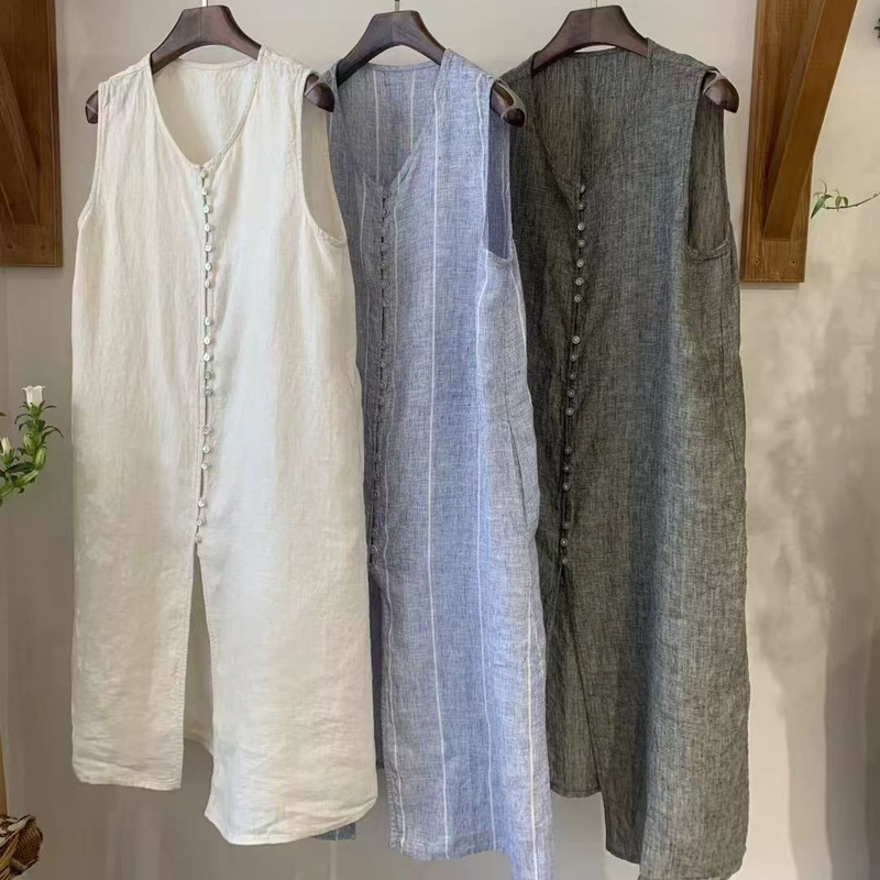 Linen Shirt Dress, Fashionable Retro Artistic Summer Loose Versatile Single-Breasted Front Slit Dress for Women Linen Shirt Dress, Fashionable Retro Artistic Summer Loose Versatile Single-Breasted Front Slit Dress for Women