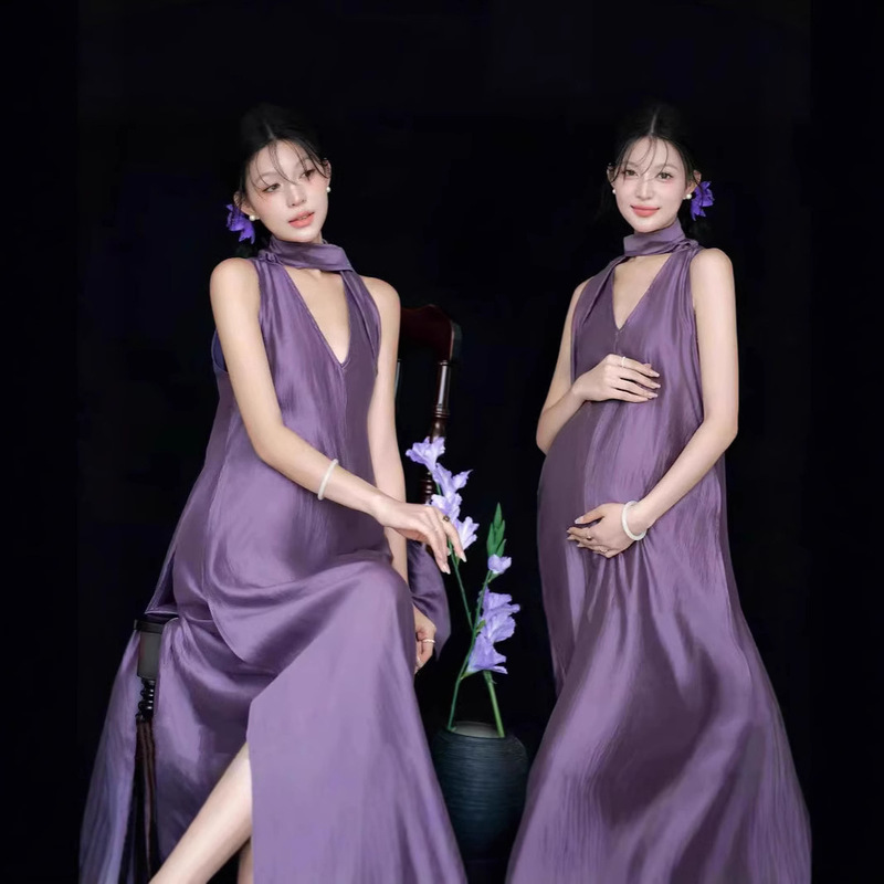 Photo Studio New Simple Style Photo Studio Pregnant Women's Long Dress Pure Desire Wind Purple dress Pregnant Mommy's Big Belly Portrait