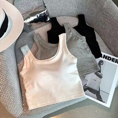 新款純棉寬肩背心固定杯外穿防走光百搭裹胸短款露臍上衣吊帶女士