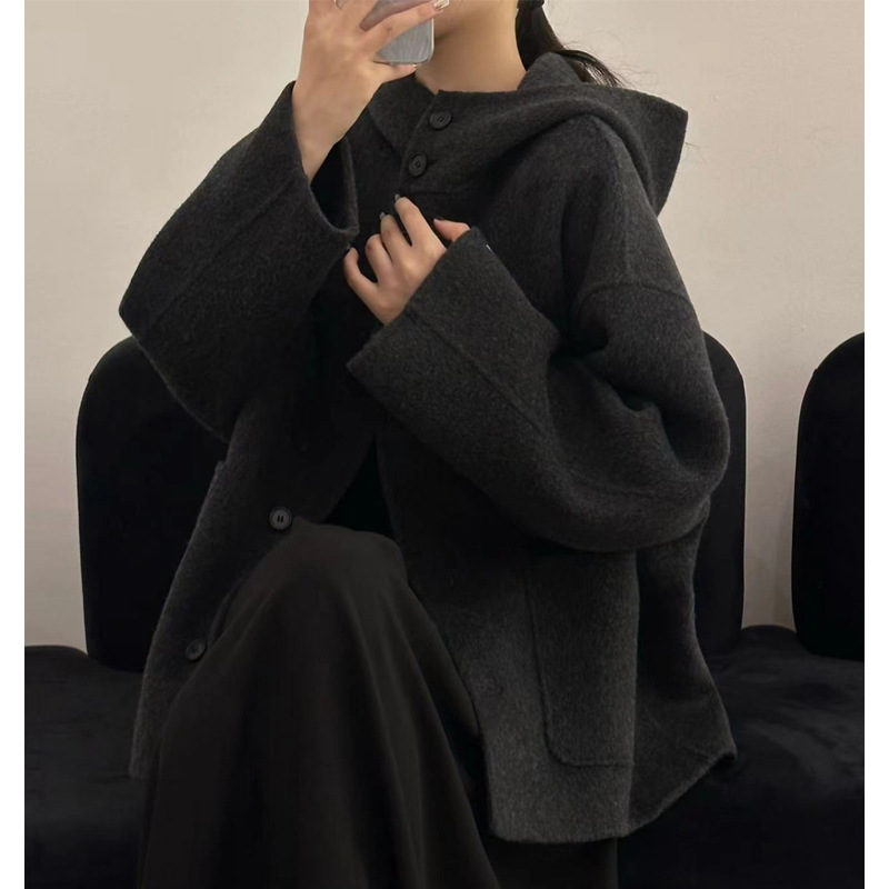 双面羊毛大衣女2025秋冬新款小个子阔版韩系连帽显瘦羊毛呢子外套