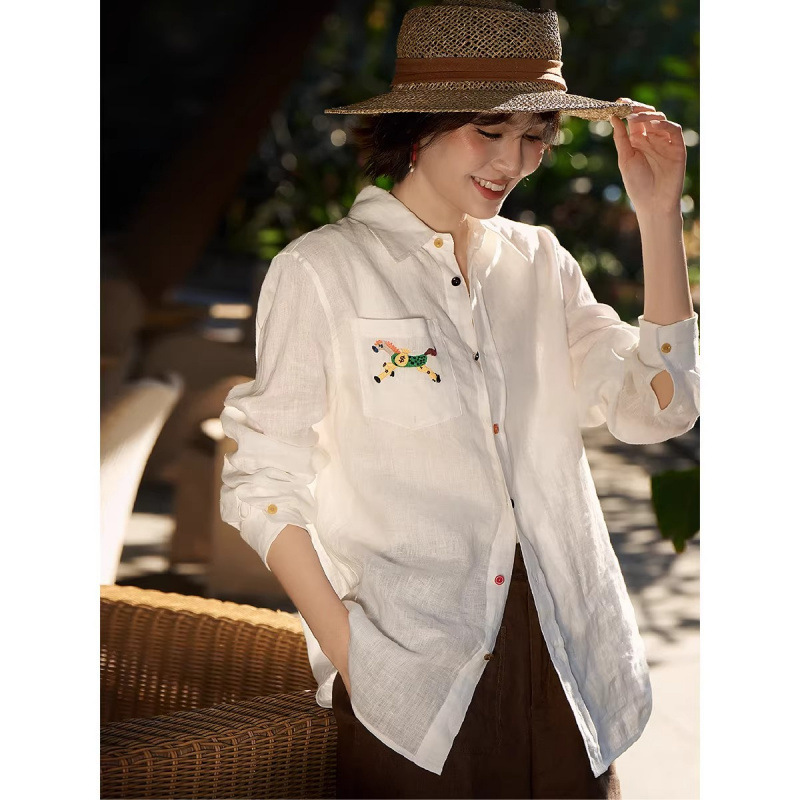 Old Money Style Linen Long-Sleeve Shirt for Women, Rainbow Single-Breasted Shirt with Embroidered Pony Pocket, 26 Spring/Summer Versatile Top