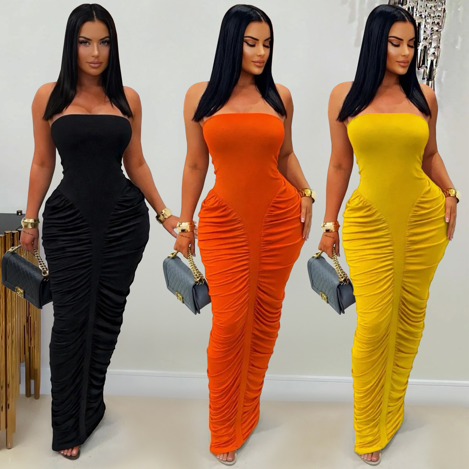 C7669 Aliexpress transfronterizo amazon ropa de moda europea y americana de mujer sexy con un pecho de color sólido con un vestido de broche image 1
