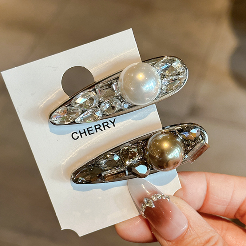 Advanced Sense Matte silver Highlight Pearl Drops Duckbill Clip Rhinestone Gem Girly Elegant Bangs Hairpin Side Clip