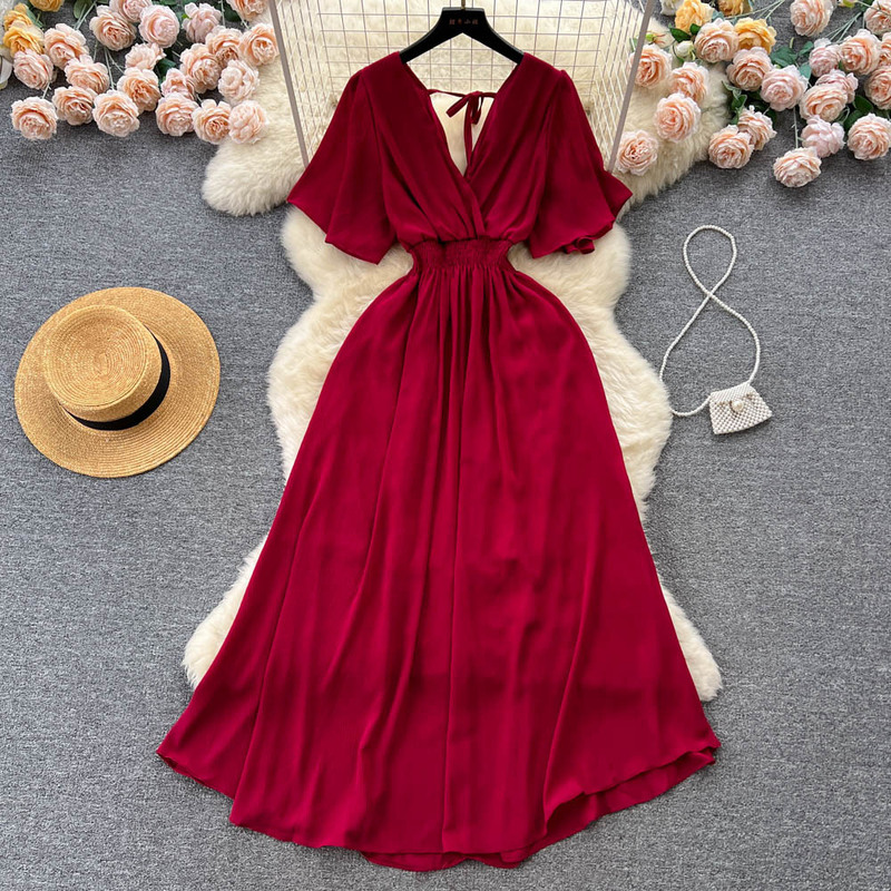 Chiffon dress New Women's Elegant Collar Stretch Waist Slim Long Seaside Holiday Beach Skirt