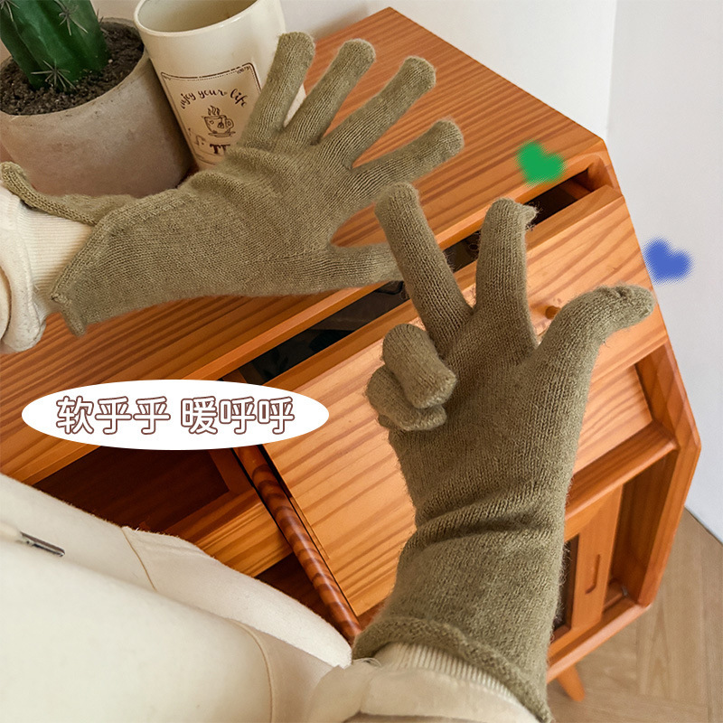 24 年新しい女性の冬暖かい手袋ウール秋と冬 5 本指ニット無地防寒タッチスクリーンカシミヤサイクリングぬいぐるみ|undefined
