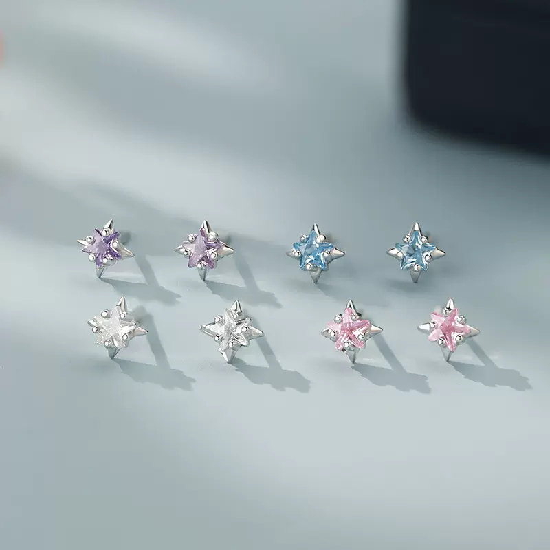 阿宝S999足银星星锆石耳钉独特多巴胺炫彩温柔简约小众耳饰代发