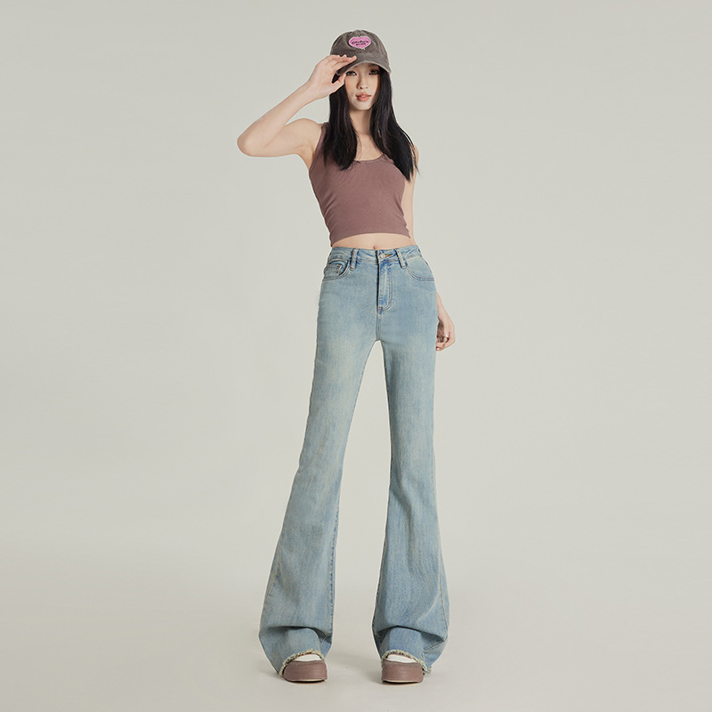 Spring Spice Girls Low-waisted American-style Slim-fit Slim-looking Denim Rag Pants Women's Stretch Flared Pants for Women