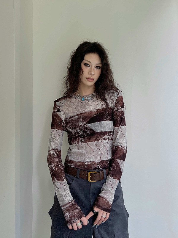 2025秋季抽象印花植绒上衣圆领修身长袖辣妹风短款T恤女18235|undefined