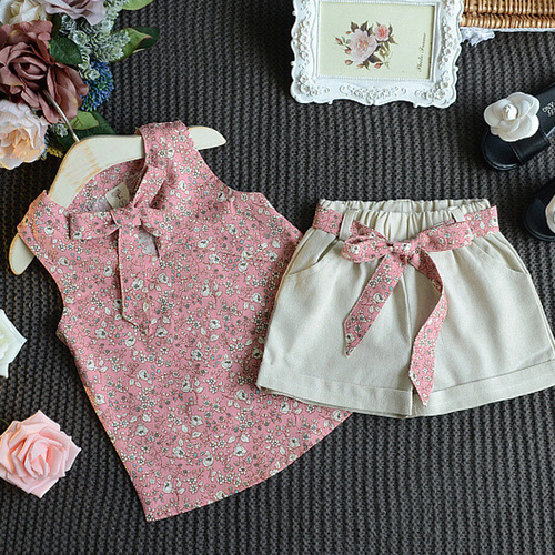 5973 foreign trade summer new product Korean style children's suit girls floral sleeveless vest and shorts two-piece children's clothing set