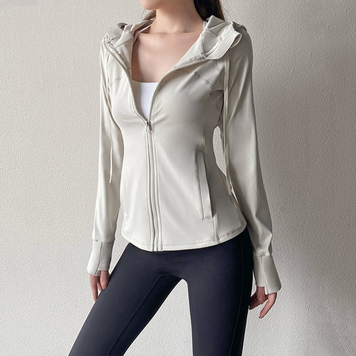 Lulu style women's yoga jacket with hood, slimming zipper cardigan workout top, running sport jacket