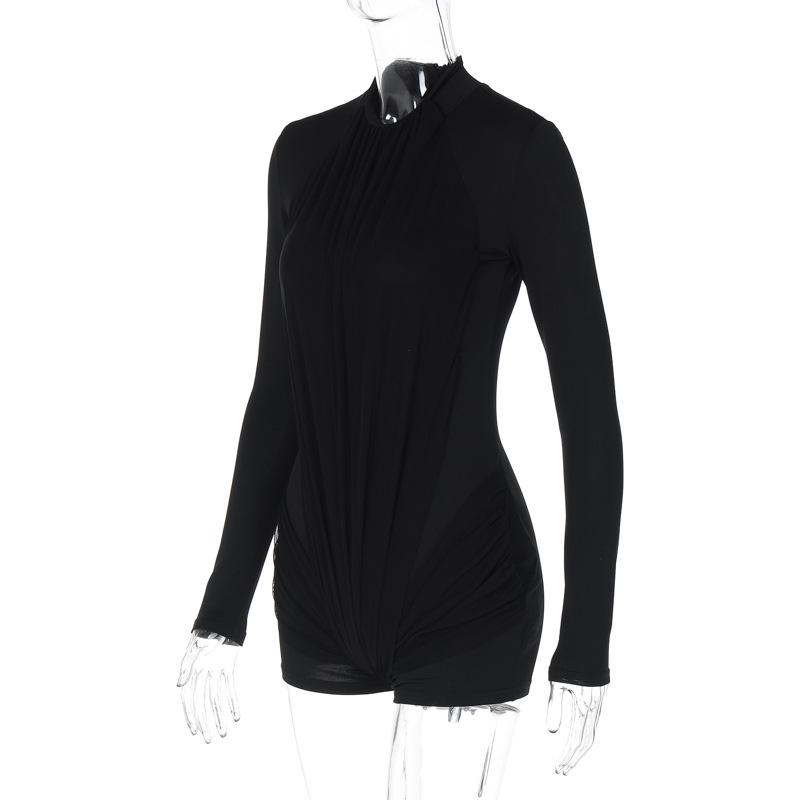 Women Clothing Winter Solid Color Slim Zipper Long Sleeve Jumpsuit