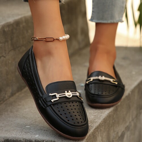 New spring and summer flat single-layer shoes, women's genuine leather hollow sandals, fashionable women's shoes, soft sole leather shoes, mother's shoes