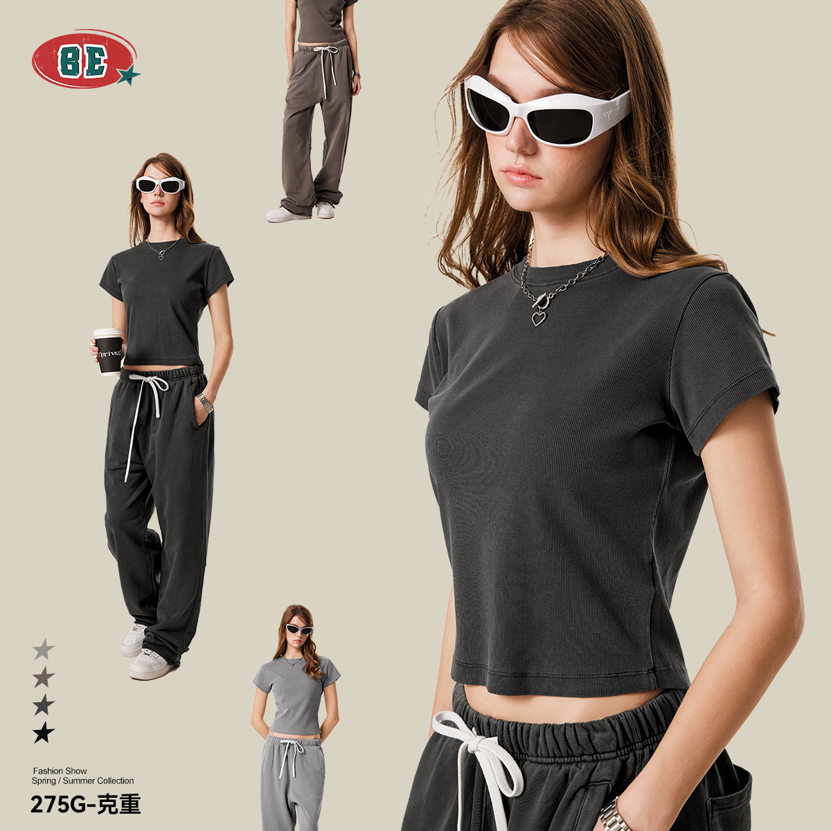 Ropa de mujer BE | Camiseta de hombro de marca de moda europea de verano 2025 para mujer delgada y delgada con cuello redondo S * KIMS camisa de fondo para mujer image 3
