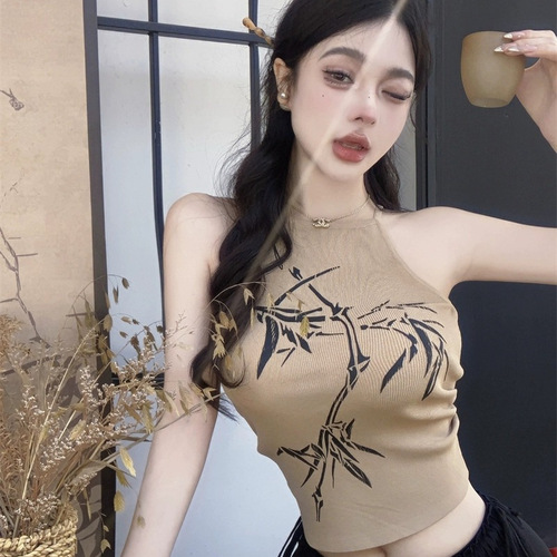 Retro print short suspender vest women's summer new tight-fitting and slimming inside with black hot girl outer top