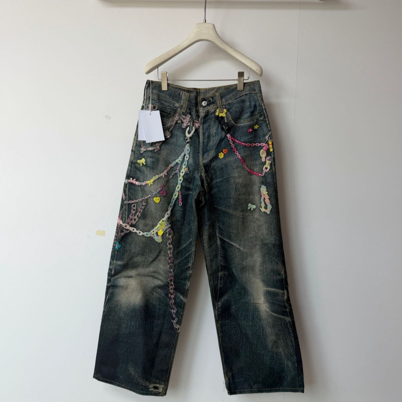 Ac1981M Distressed Washed Candy Chain 3D Printed Jeans for Men and Women Ac1981M Distressed Washed Candy Chain 3D Printed Jeans for Men and Women