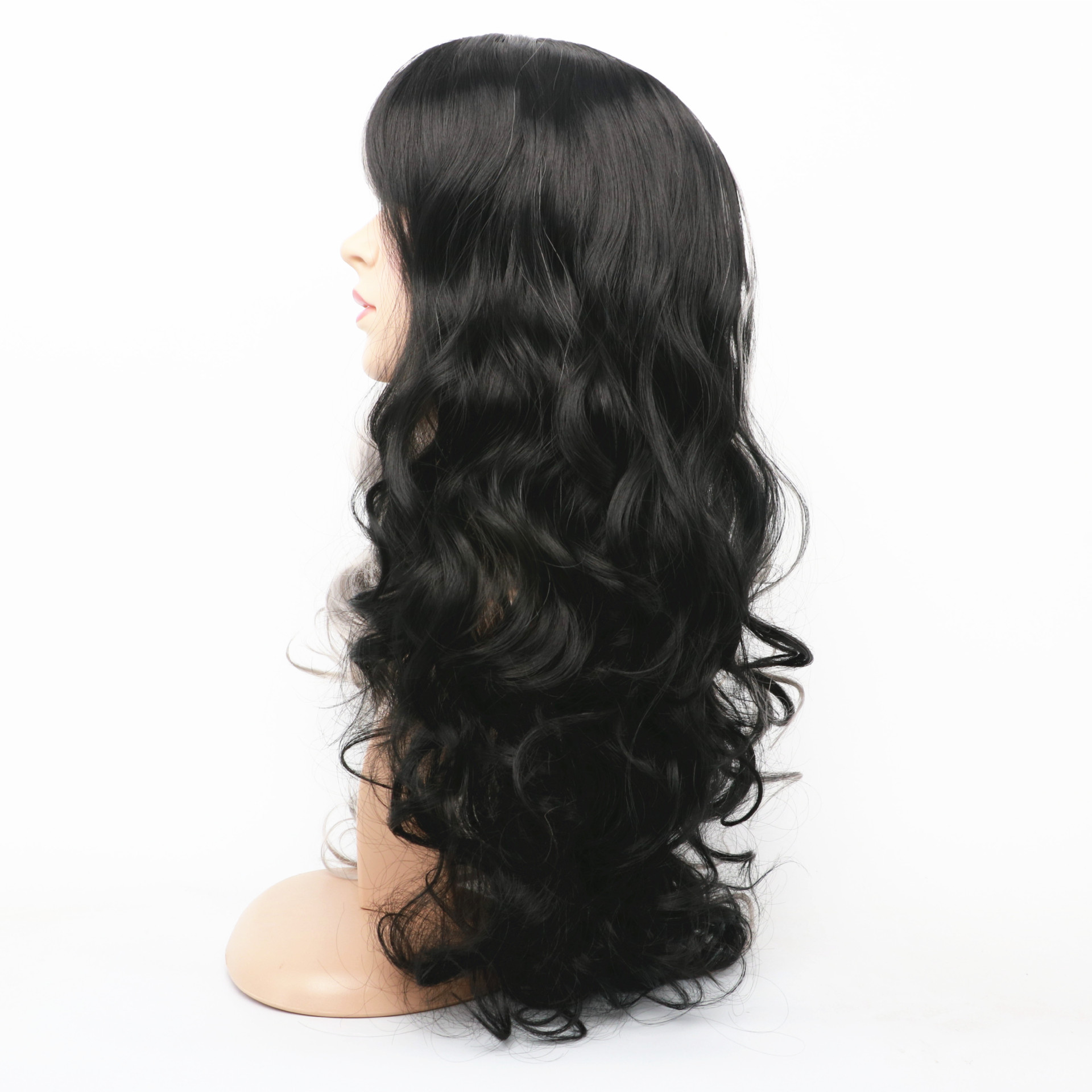 Synthetesch Perück Anime COS Perück Fraeperück Fake Schwaarz Wäiss a Gro Duebelfaarf Riicht Pony Laang Lockeg Hoer Set_voghion.com