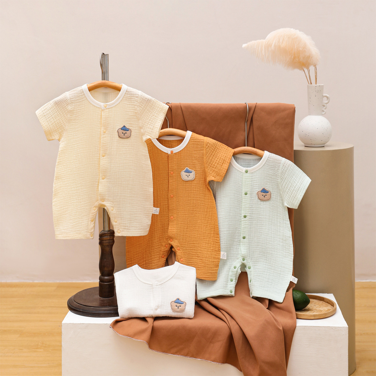 Baby Summer Cotton Gauze Thin Single-Breasted Type a Air-Conditioned Clothing Pure Cotton Short-Sleeved Monk Clothing Male and Female Baby Jumpsuit