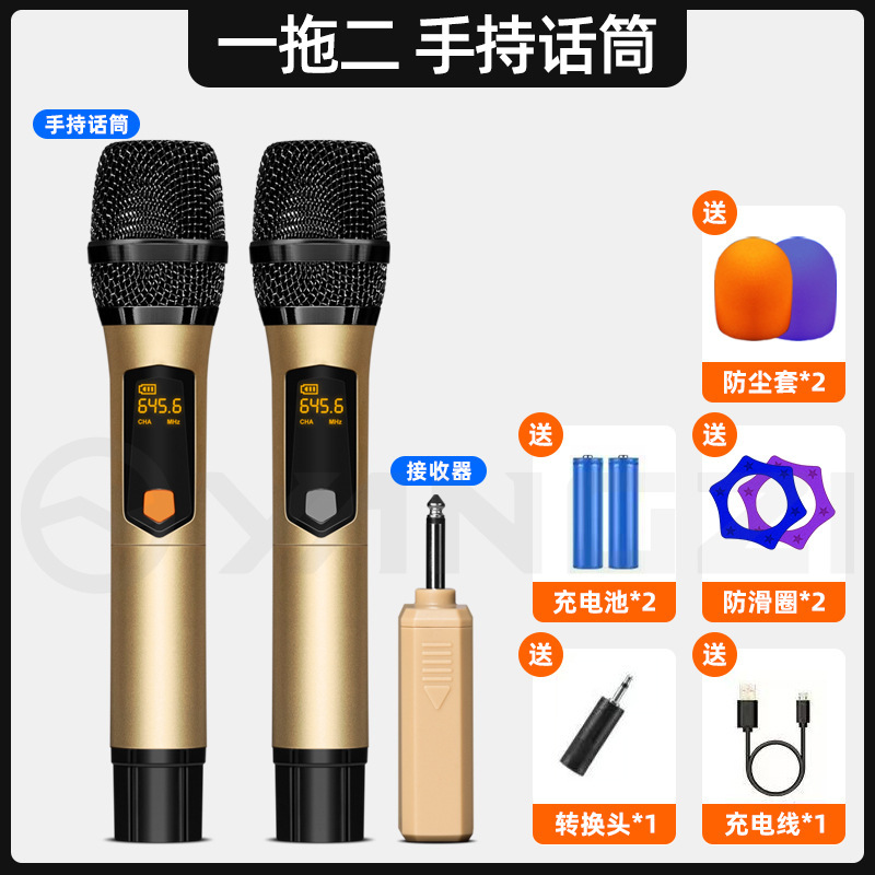 无线麦克风充电一拖二家用KTV声卡舞台直播K歌专业 手持话筒|undefined