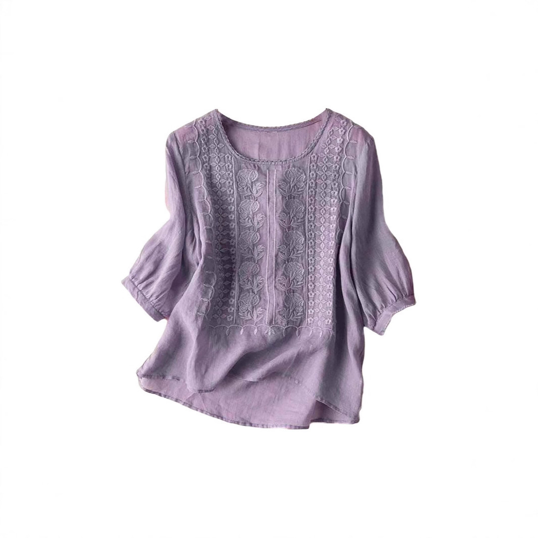 Medium Sleeve Top Women's Heavy Industry Embroidery Loose Literary Retro Cotton And Linen T-shirt Nostalgia Thin Breathable Cotton And Linen Top_ecoleips.com