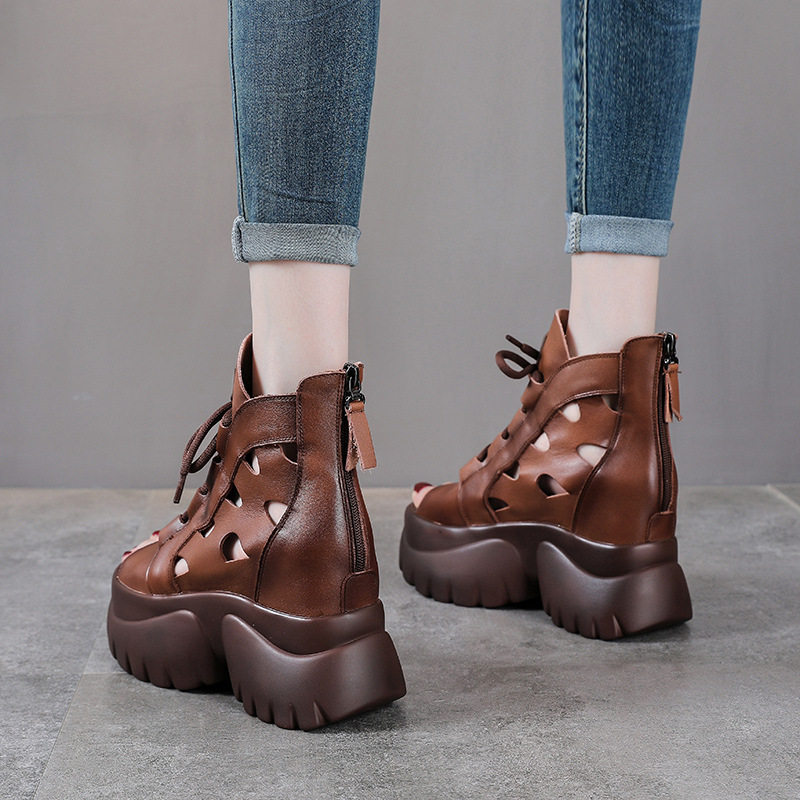 Boot nữ cổ thấp miệng cá đế dày gót 9 cm da thật — Màu đen
