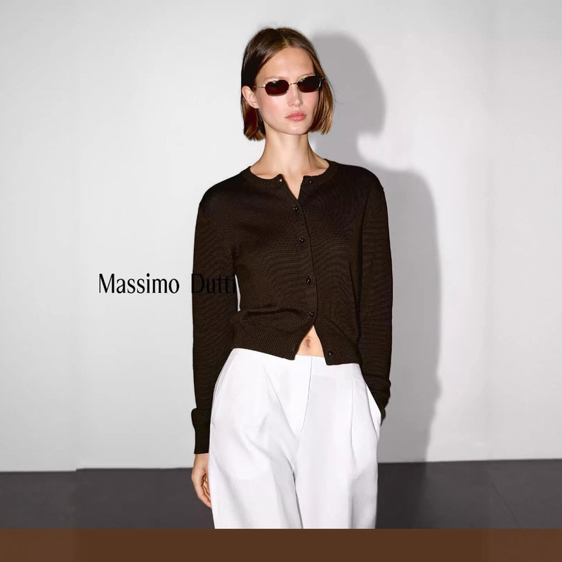 Autumn New Style Massimoduti2026 Women's Elegant Workwear Style Pure Color Round Neck Long-Sleeved Knitted Cardigan