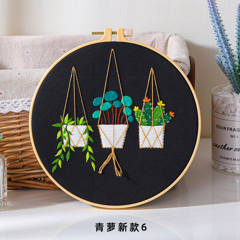 Original DIY bordado hecho a mano paquete de material verde rábano colgante cesta cactus flores y plantas traje costura