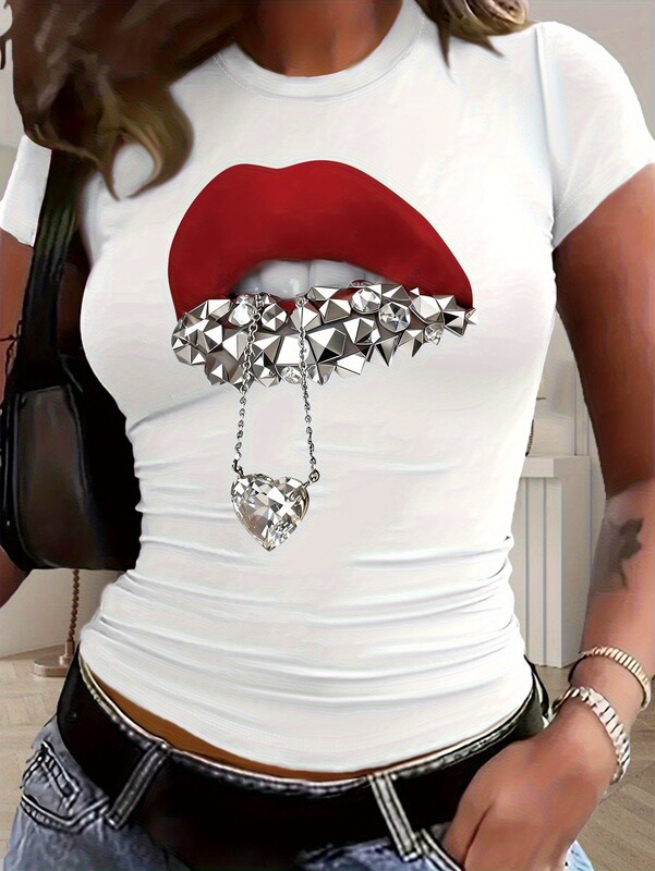 Y2K Style Spring/Summer Fashion Sexy Short-Sleeved T-Shirt, Printed with Shiny Lips and Jewelry Design Patterns, Short