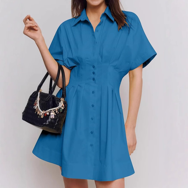 Women's Buttoned Pleated Shirt Dress Summer Short-Sleeve Shirt Striped Print Corset Mini Dress