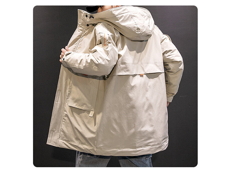 Men's Long Winter Workwear Down Jacket With Hood, Lightweight Warm Parka Coat For Cold Weather, Water-Resistant Polyester Shell, Machine Washable_voghion.com