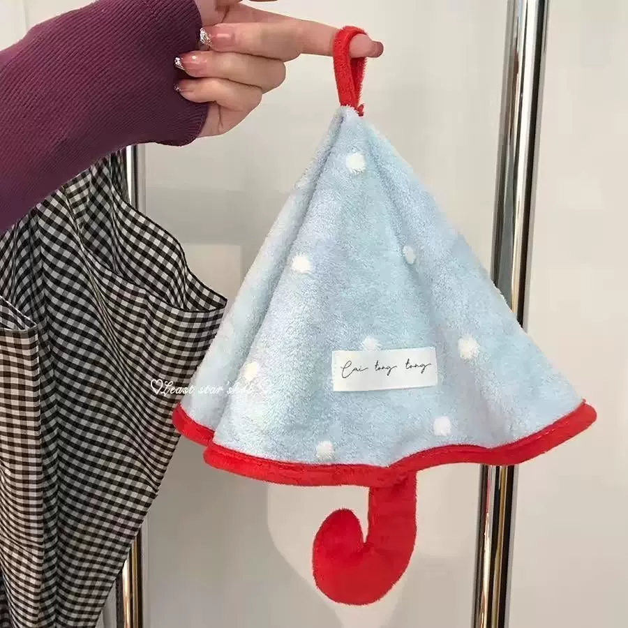 小雨伞擦手巾 珊瑚绒 挂式可爱卫生间吸水速毛巾厨房手帕儿童圆巾