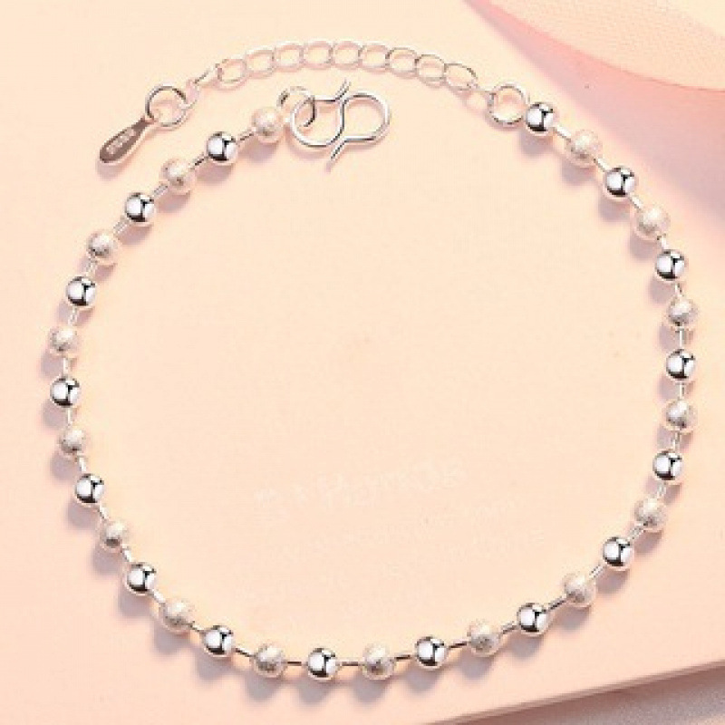 WYF107-Frosted Bead String Smooth Bead Silver Bracelet #SZ009