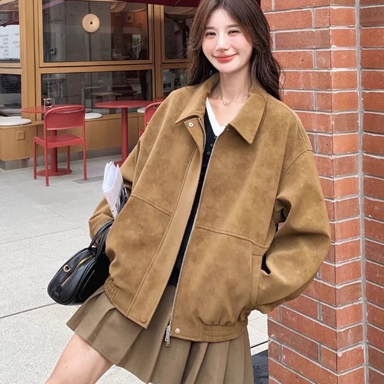 咖色美拉德麂皮绒外套女2025春秋新款小个子美式复古拉链翻领夹克|undefined