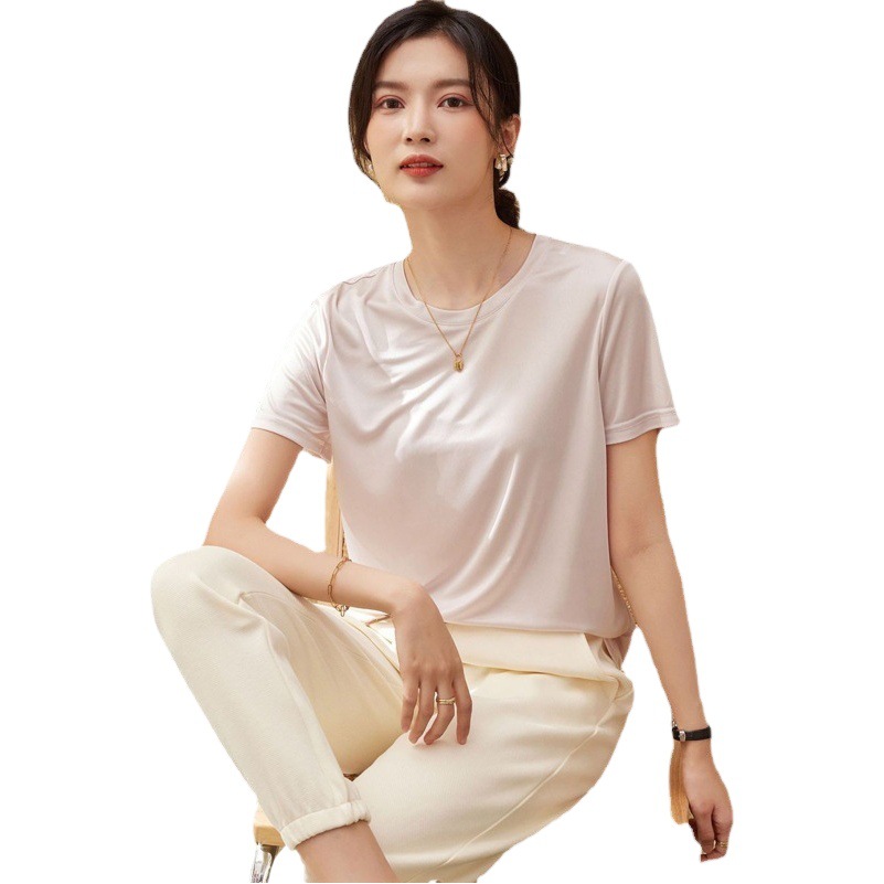 En stock 15 colores camiseta de algodón mercerizado de doble cara camiseta blanca de manga corta para mujer versión suelta de verano para mujer camiseta de color sólido con cuello en v image 1