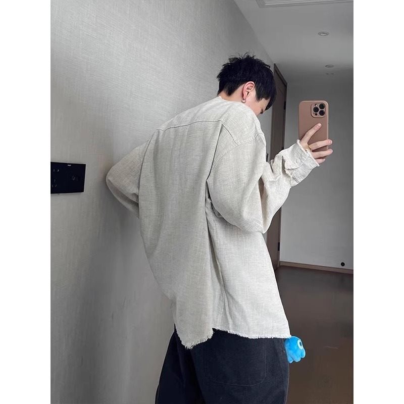 绿色毛边亚麻老钱风衬衫男款夏季慵懒风长袖衬衣cleanfit防晒外套|undefined