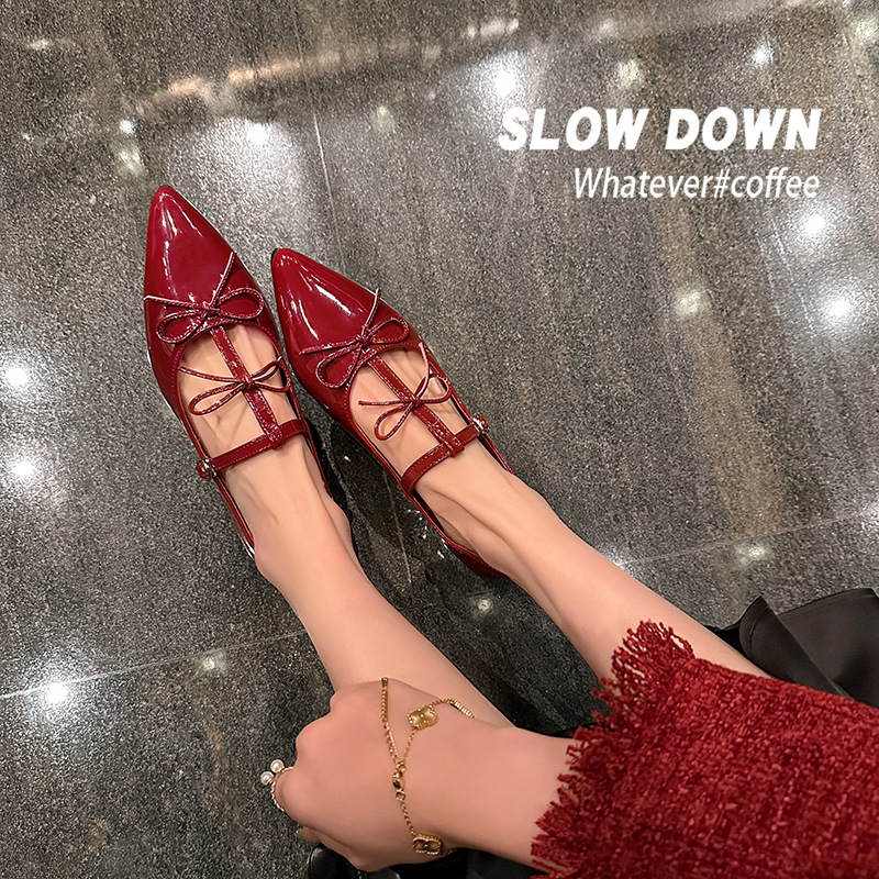 Zapatos Mary Jane planos de punta fina con doble lazo para mujer, ideales para fiestas, al mismo estilo para una noche elegante.