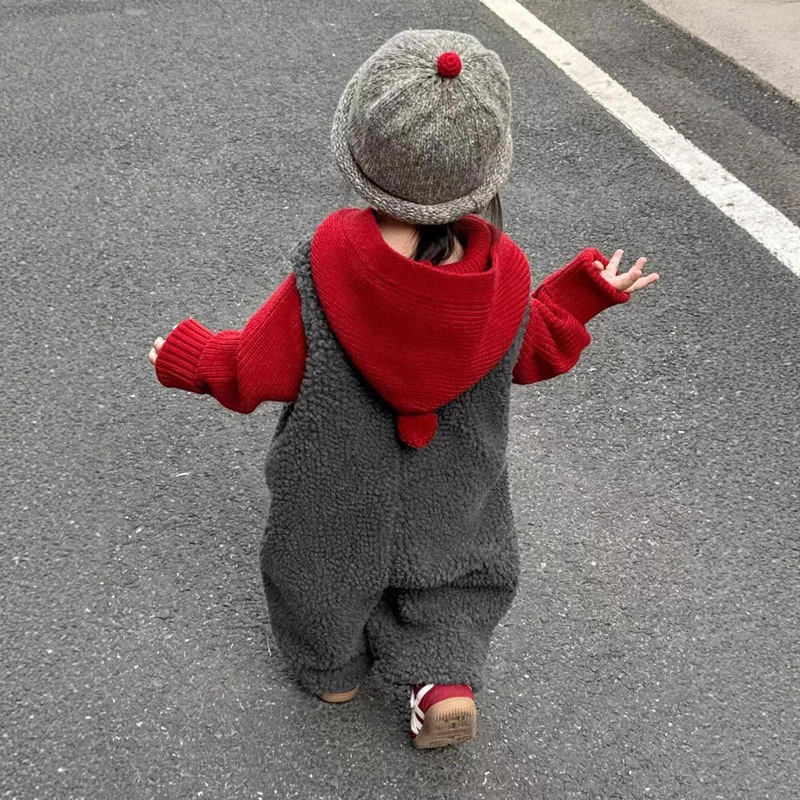 Red Plush Autumn and Winter Elf Baby Korean Children's Clothing Jumpsuit Hat Warm Knitwear Boys and Girls Knitwear Christmas