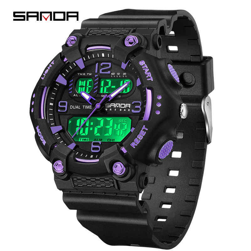 SANDA reloj juvenil de moda color contraste doble pantalla reloj multifuncional para hombres y mujeres estudiantes reloj electrónico de luz nocturna