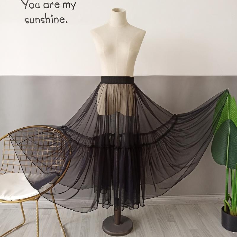 Black Large Hem Mesh Skirt, Women's Summer Single-Layer See-Through Outer Cover Skirt, High-Waisted Splicing Transparent Long Skirt, Super Fairy