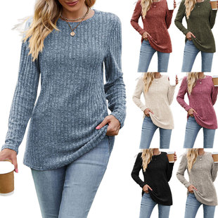 2024 European and American Cross-Border Autum Amazon Women's Round Neck Brushed Pit Strip Knitted Pure Color Long-Sleeved T-Shirt Women's Tops