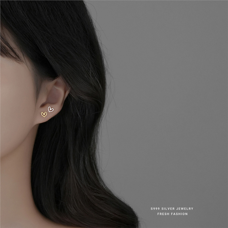 S999 a forma di cuore geometrico cavo per donna, semplice temperamento spazzolato fatto a mano, argento versatile e orecchini_voghion.com