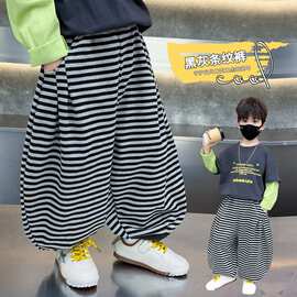 男童春秋装黑灰条纹休闲裤韩版儿童宽松洋气灯笼裤宝宝长裤外贸