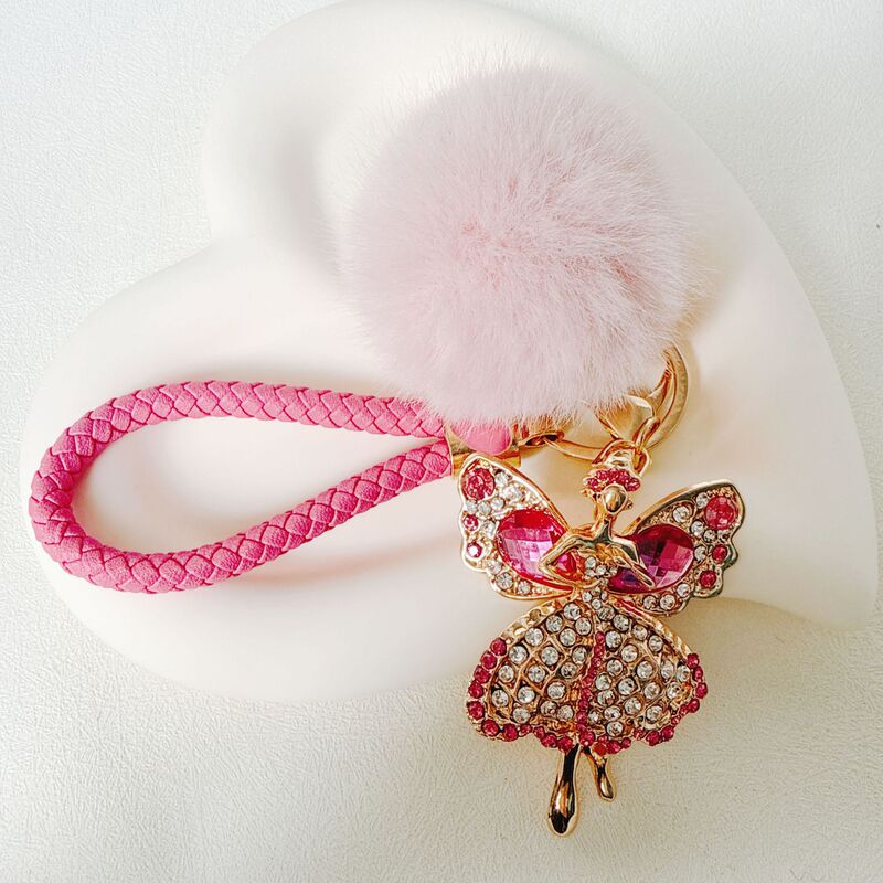 Creative and Cute Metal Rhinestone Crystal Angel Keychain with Faux Mink Fur Ball and Bv Rope Pendant, Small Gift for Girls Creative and Cute Metal Rhinestone Crystal Angel Keychain with Faux Mink Fur Ball and Bv Rope Pendant, Small Gift for Girls