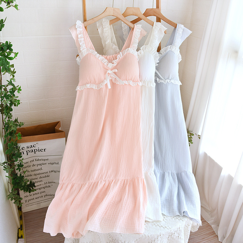 New Cotton Wash Cotton Crepe Various Color Solid Color Sling Nightgown Spring Summer Autumn Women's Casual Cool New Cotton Wash Cotton Crepe Various Color Solid Color Sling Nightgown Spring Summer Autumn Women's Casual Cool