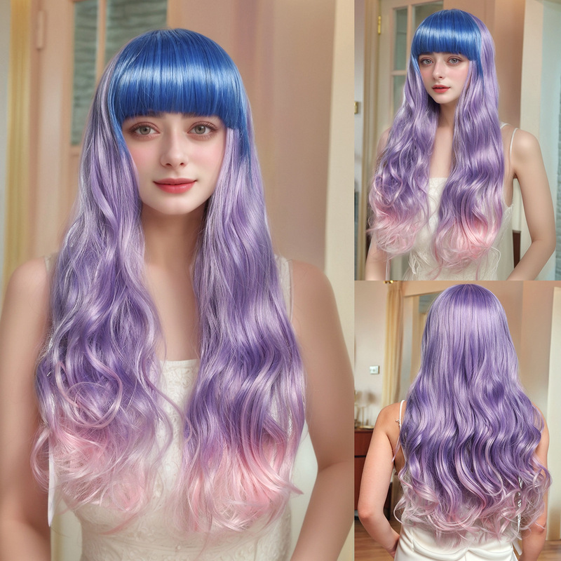 New Cos Anime Colorful Wig with Bangs, Long Curly, Two-Color Bleached Pink and Purple European and American Chemical Fiber Synthetic Head